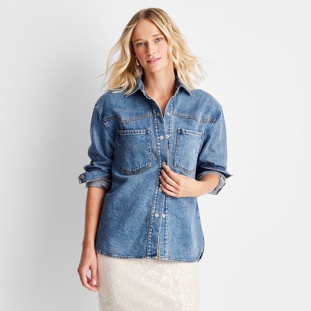 Future Collective Women's Long Sleeve Collared Western Denim Button-Down Shirt